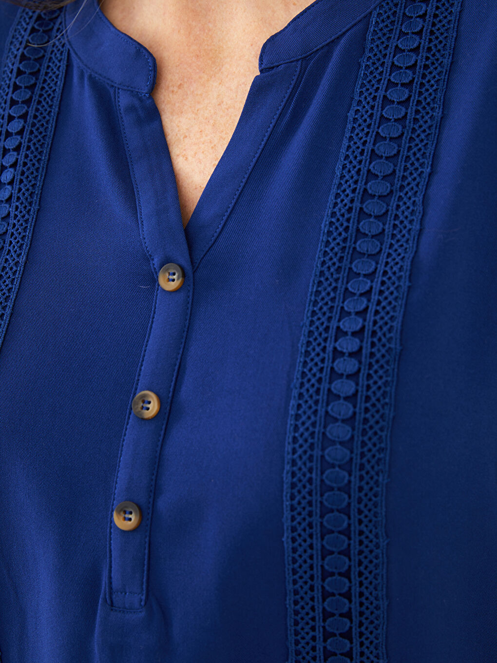 Henley Neckline Embroidered Long Sleeve Viscose Women's Blouse-3