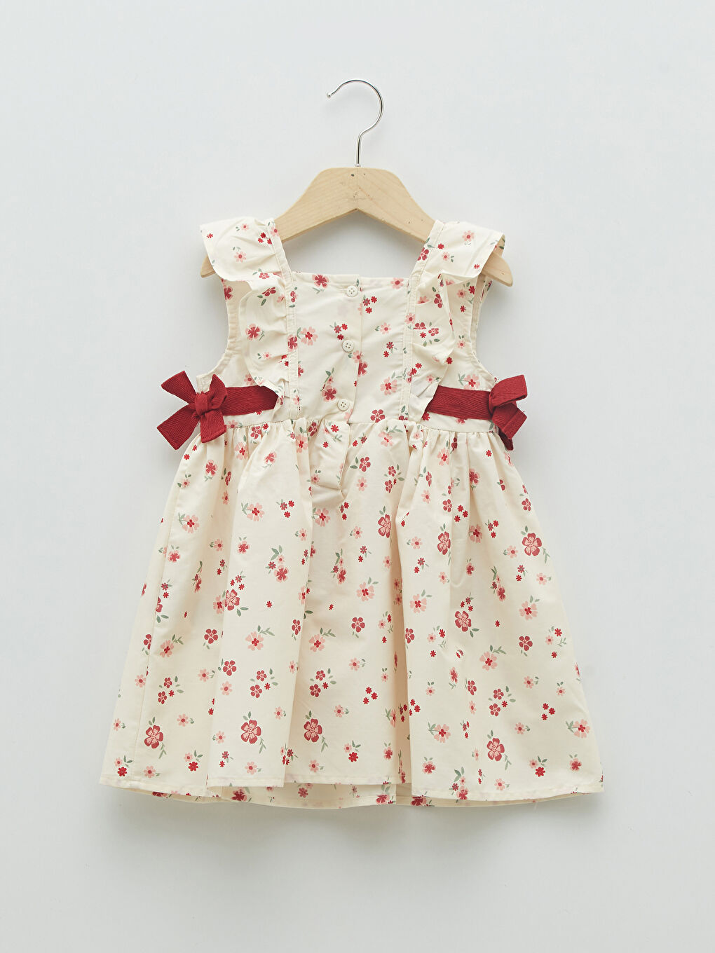 Ekru Kare Yaka Desenli Poplin Kız Bebek Elbise-1