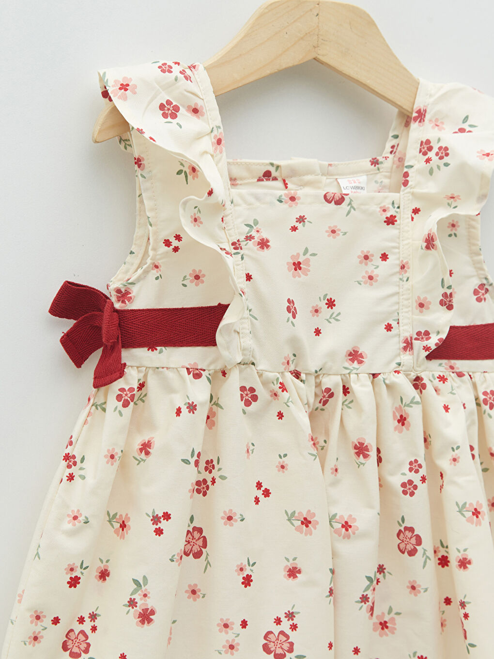 Ekru Kare Yaka Desenli Poplin Kız Bebek Elbise-4