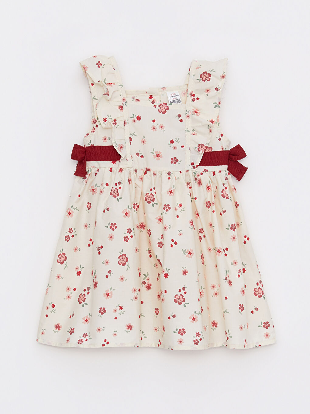 Ekru Kare Yaka Desenli Poplin Kız Bebek Elbise