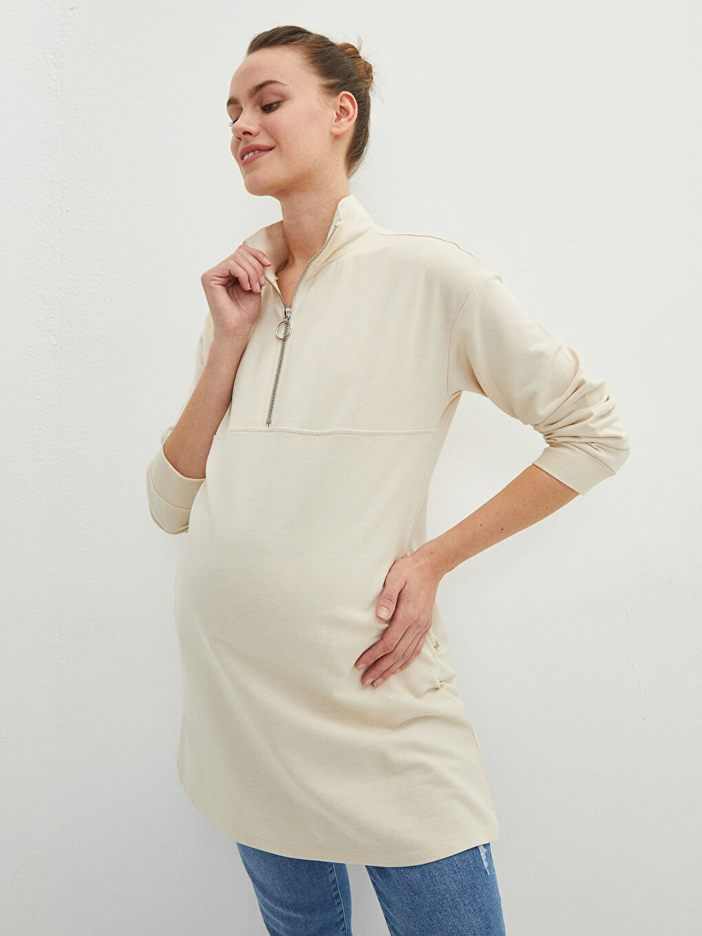 Stand Collar Straight Long Sleeve Maternity Tunic