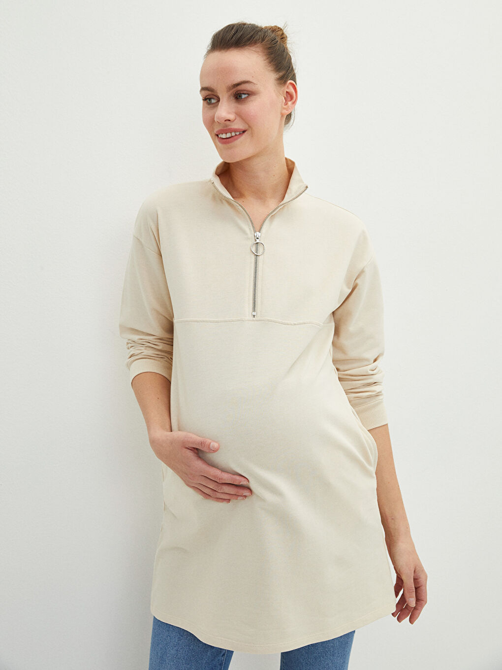 Stand Collar Straight Long Sleeve Maternity Tunic-1