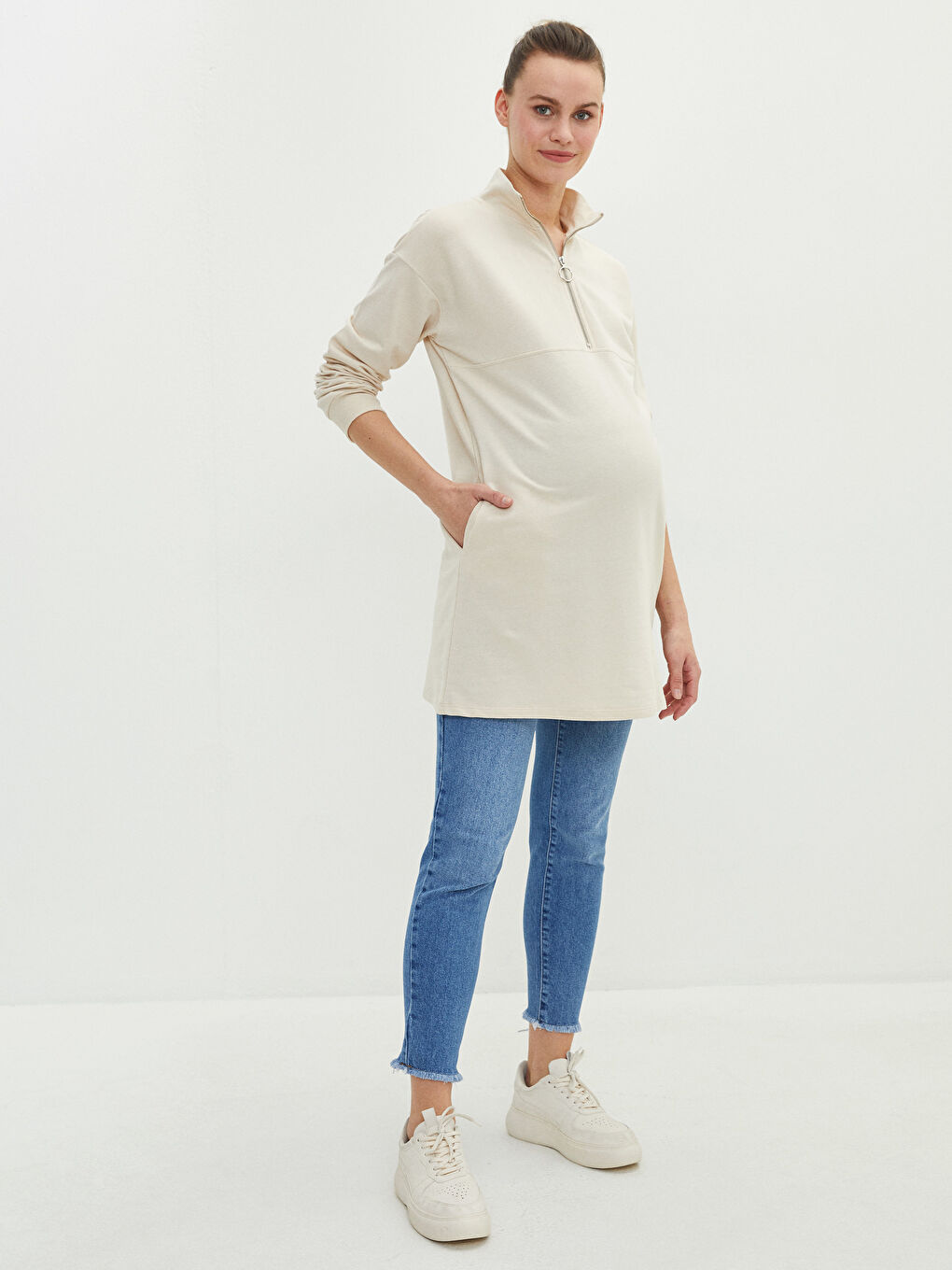 Stand Collar Straight Long Sleeve Maternity Tunic-2