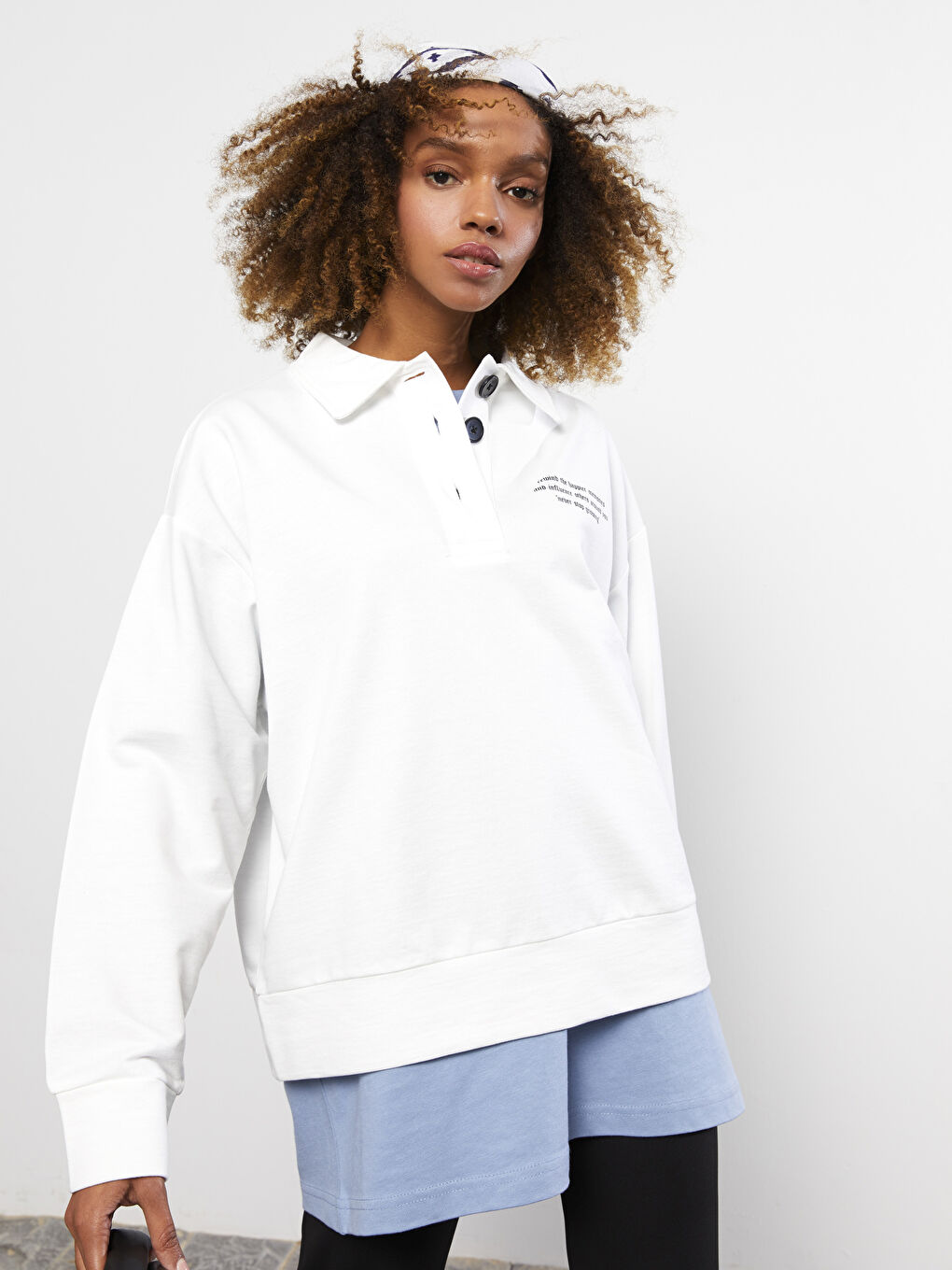 Polo Collar Printed Long Sleeve Women's Sweatshirt-1