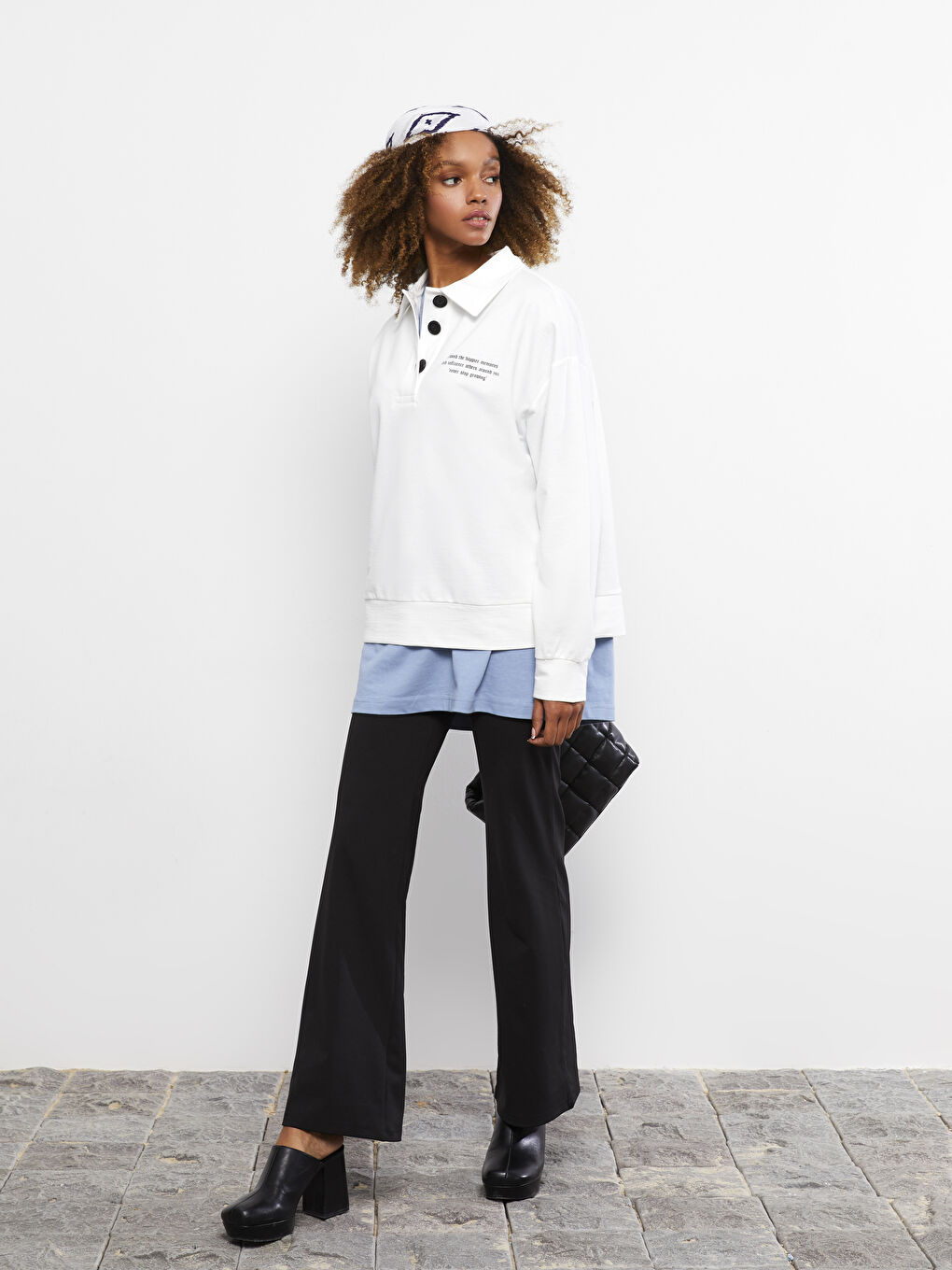 Polo Collar Printed Long Sleeve Women's Sweatshirt-2