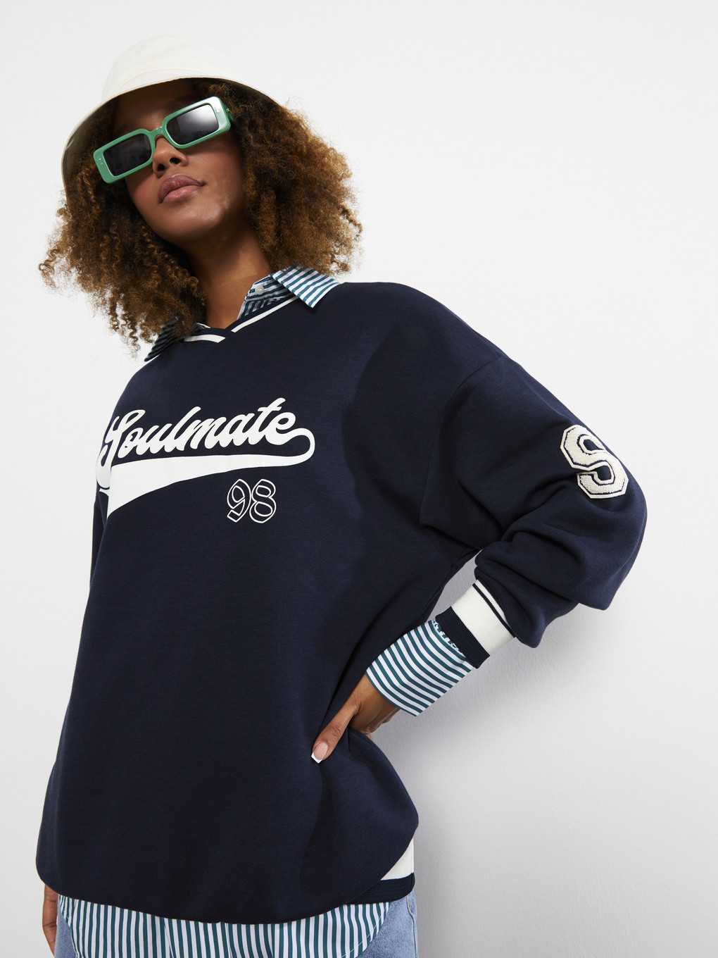 Lacivert V Yaka Baskılı Kadın Kalın Sweatshirt-2