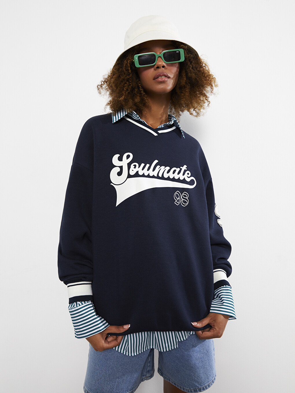 Lacivert V Yaka Baskılı Kadın Kalın Sweatshirt-1