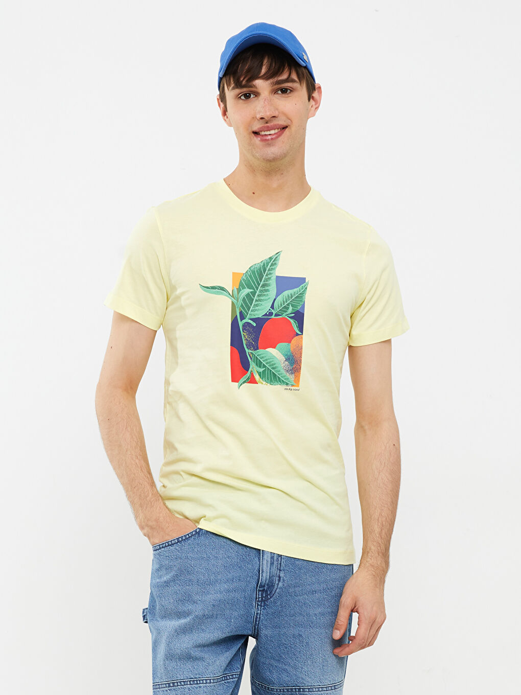 Sarı Bisiklet Yaka Kısa Kollu Baskılı Penye Erkek Tişört-1