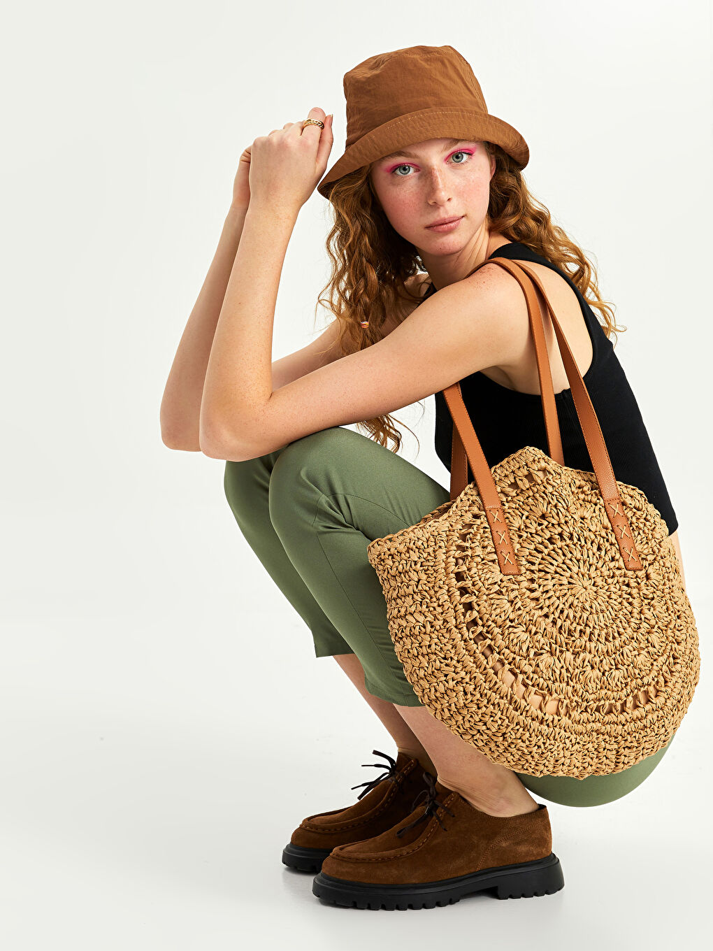 Kahverengi Kendinden Desenli Hasır Kadın Plaj Çantası