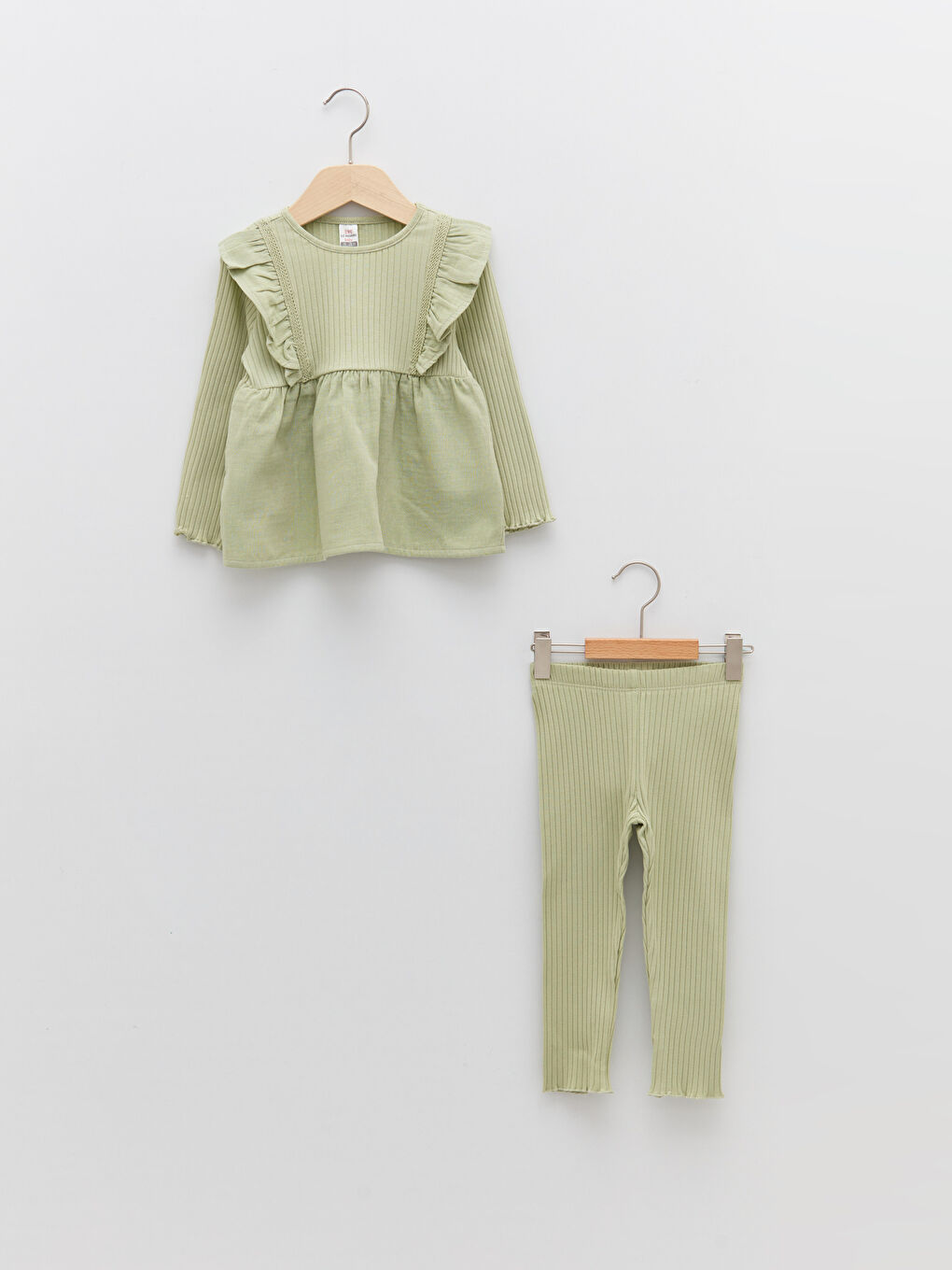 Yeşil Bisiklet Yaka Uzun Kollu Basic Kız Bebek Tişört ve Tayt 2'li