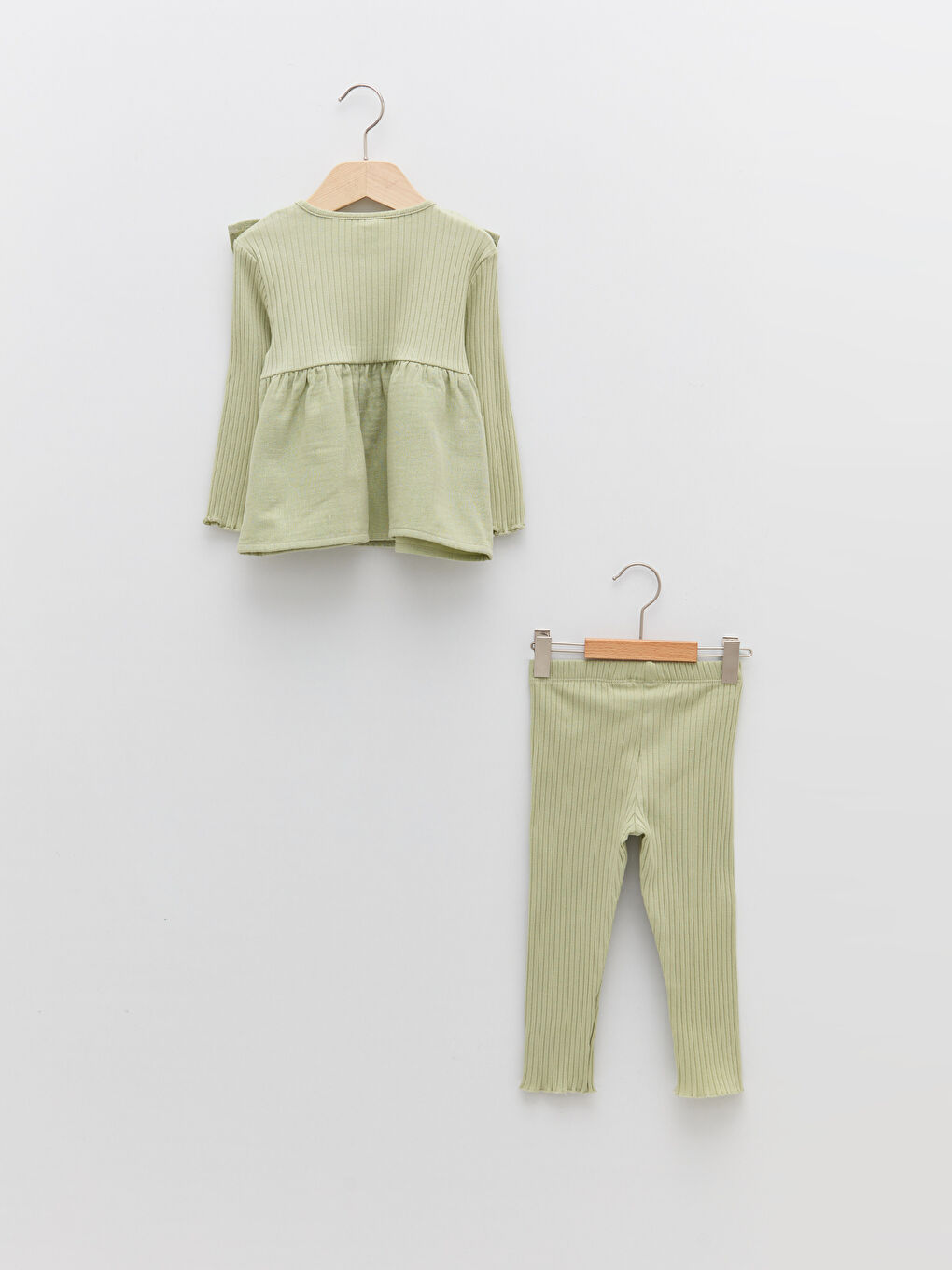 Yeşil Bisiklet Yaka Uzun Kollu Basic Kız Bebek Tişört ve Tayt 2'li-1