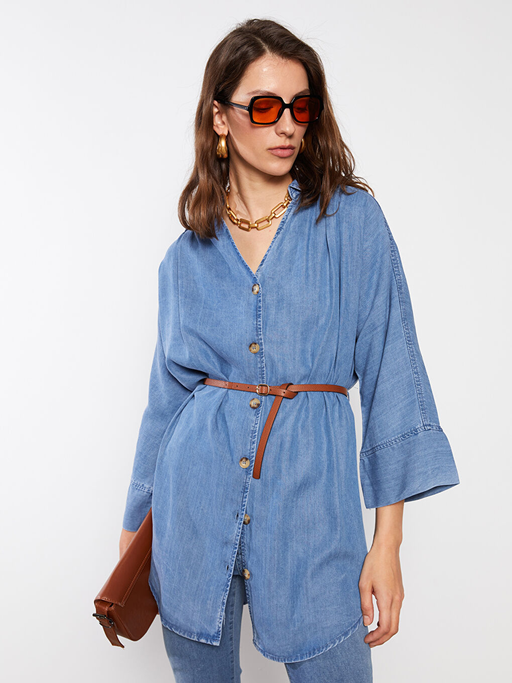 قميص جينز روديو للسيدات بأزرار أمامية وكم طويل مستقيم-2