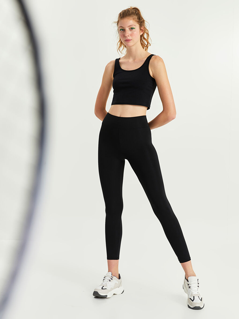 Siyah Kadın Beli Lastikli Düz Tayt-1