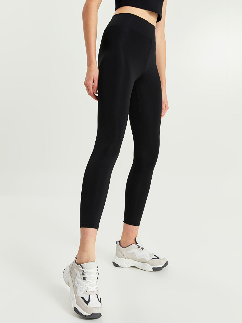 Siyah Kadın Beli Lastikli Düz Tayt-3