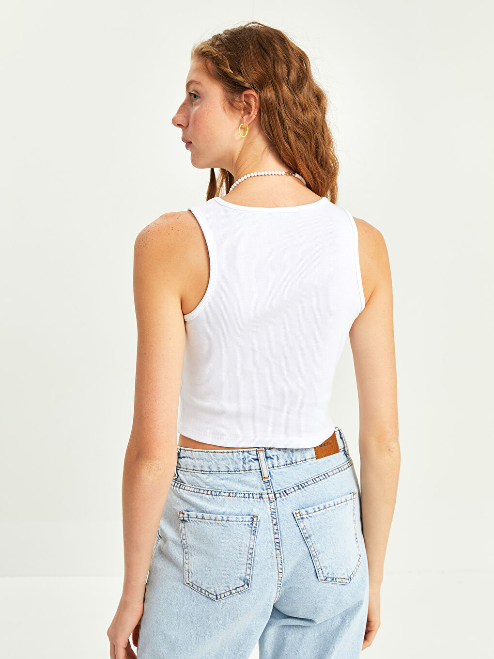 Beyaz Kadın Bisiklet Yaka Düz Crop-5