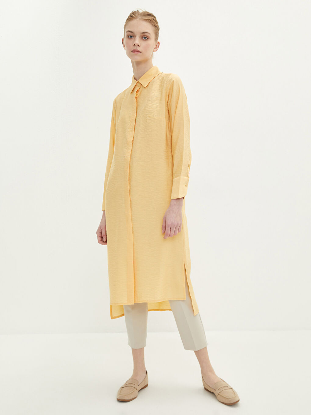 Sarı Düz Uzun Kollu Kadın Gömlek Tunik