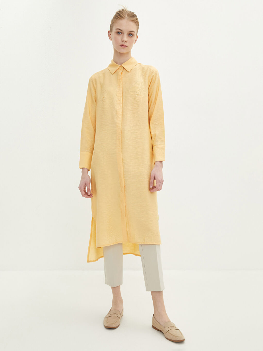 Sarı Düz Uzun Kollu Kadın Gömlek Tunik-1