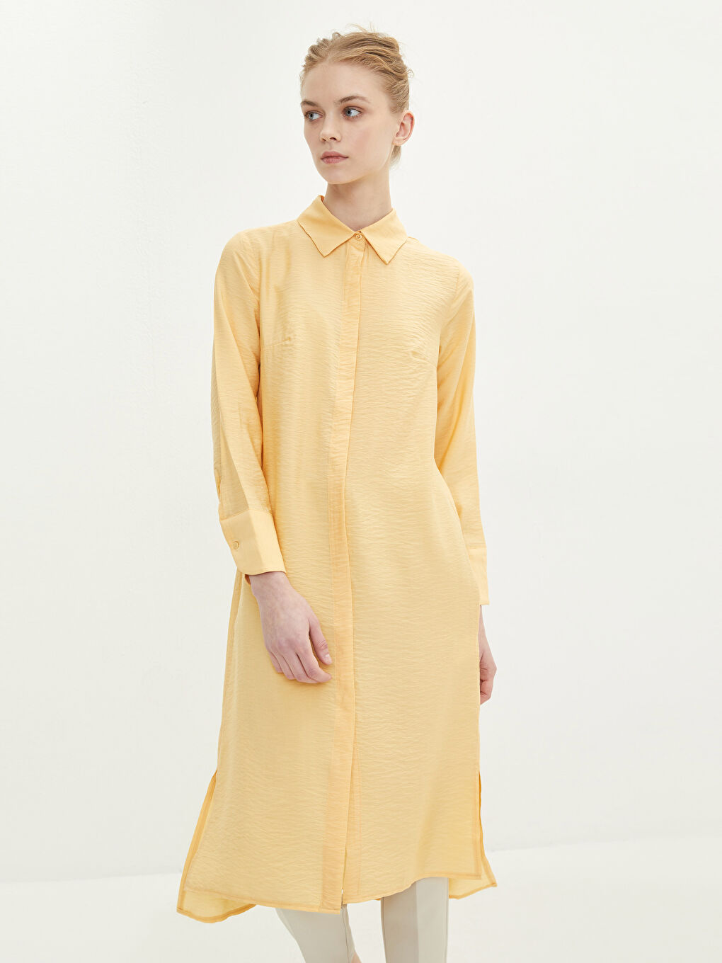 Sarı Düz Uzun Kollu Kadın Gömlek Tunik-2