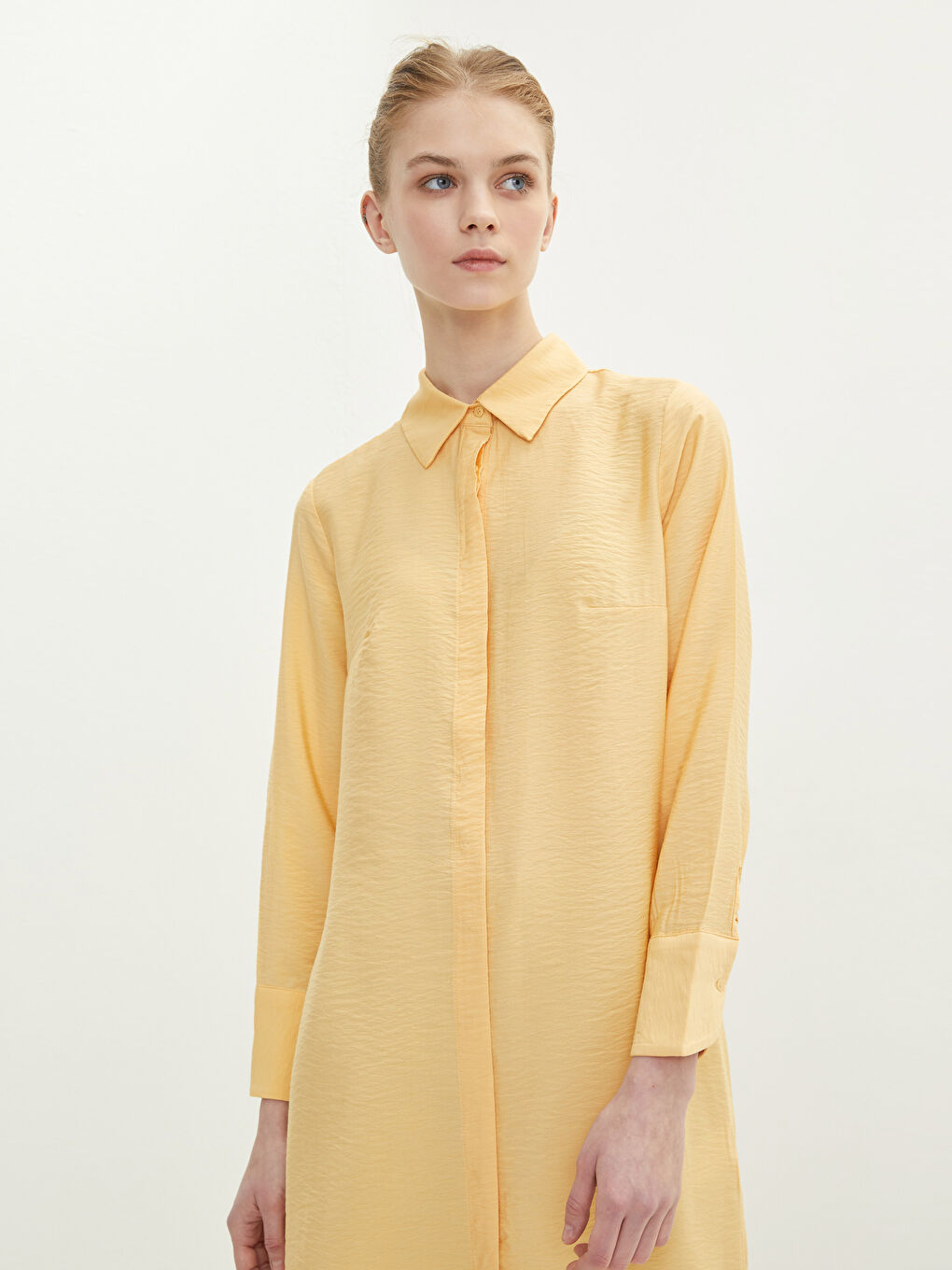 Sarı Düz Uzun Kollu Kadın Gömlek Tunik-3