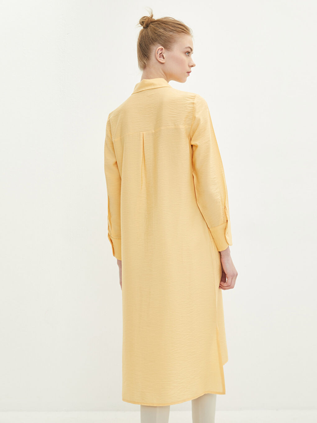 Sarı Düz Uzun Kollu Kadın Gömlek Tunik-5