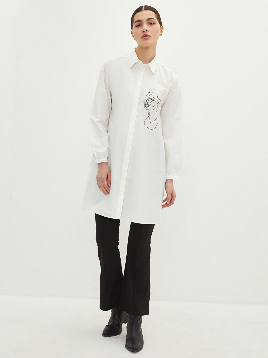 Printed Long Sleeve Oversize Poplin Women's Shirt Tunic-1