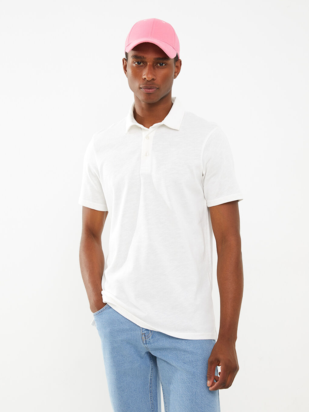 Beyaz Polo Yaka Kısa Kollu Penye Erkek Tişört