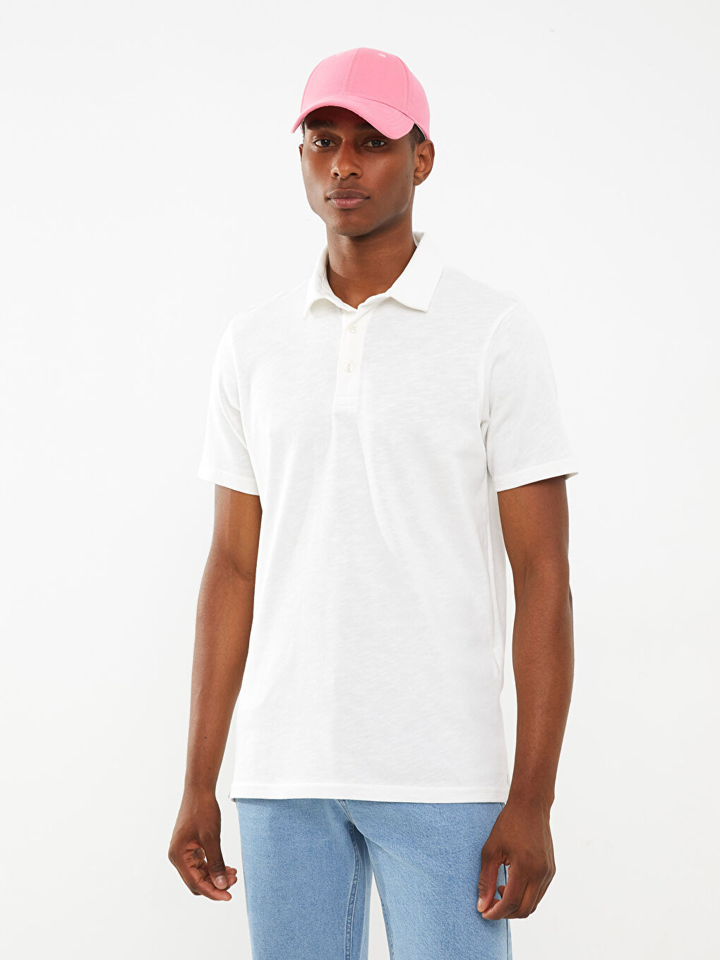 Beyaz Polo Yaka Kısa Kollu Penye Erkek Tişört-1