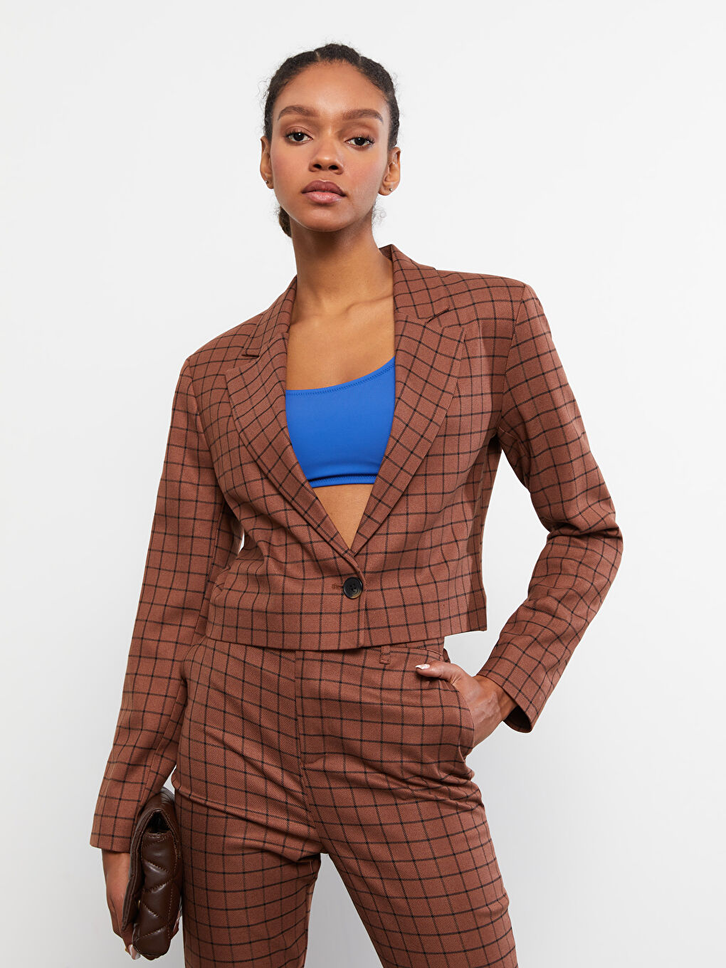 Front Button Closure Plaid Long Sleeve Gabardine Women's Jacket-1