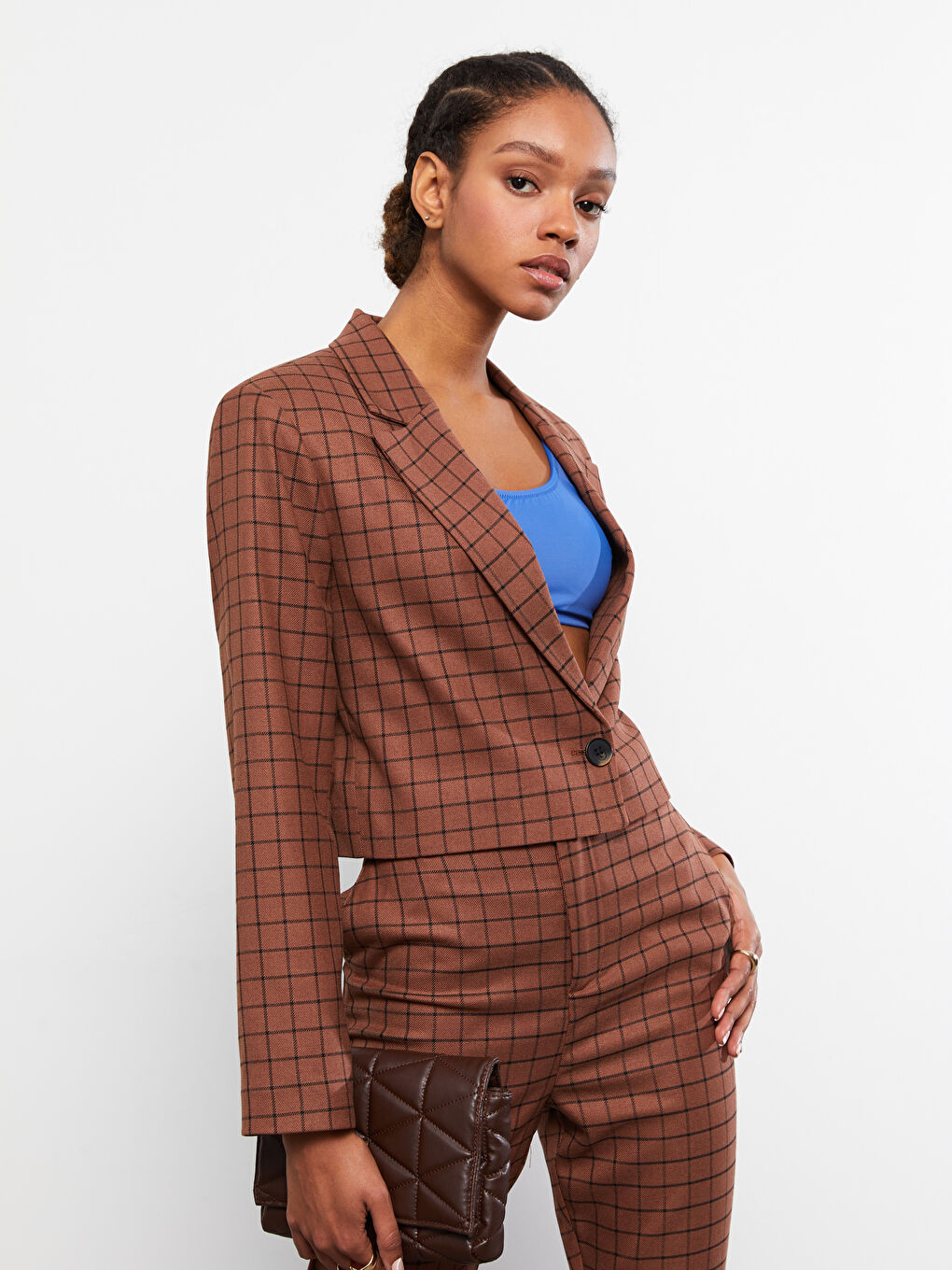 Front Button Closure Plaid Long Sleeve Gabardine Women's Jacket-2