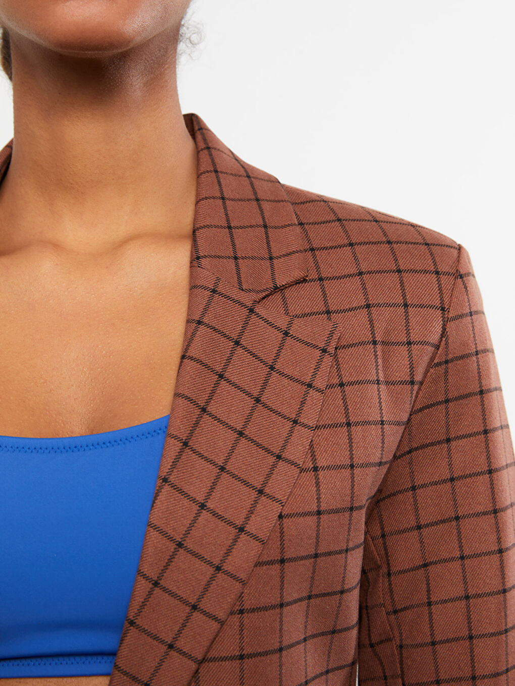 Front Button Closure Plaid Long Sleeve Gabardine Women's Jacket-3