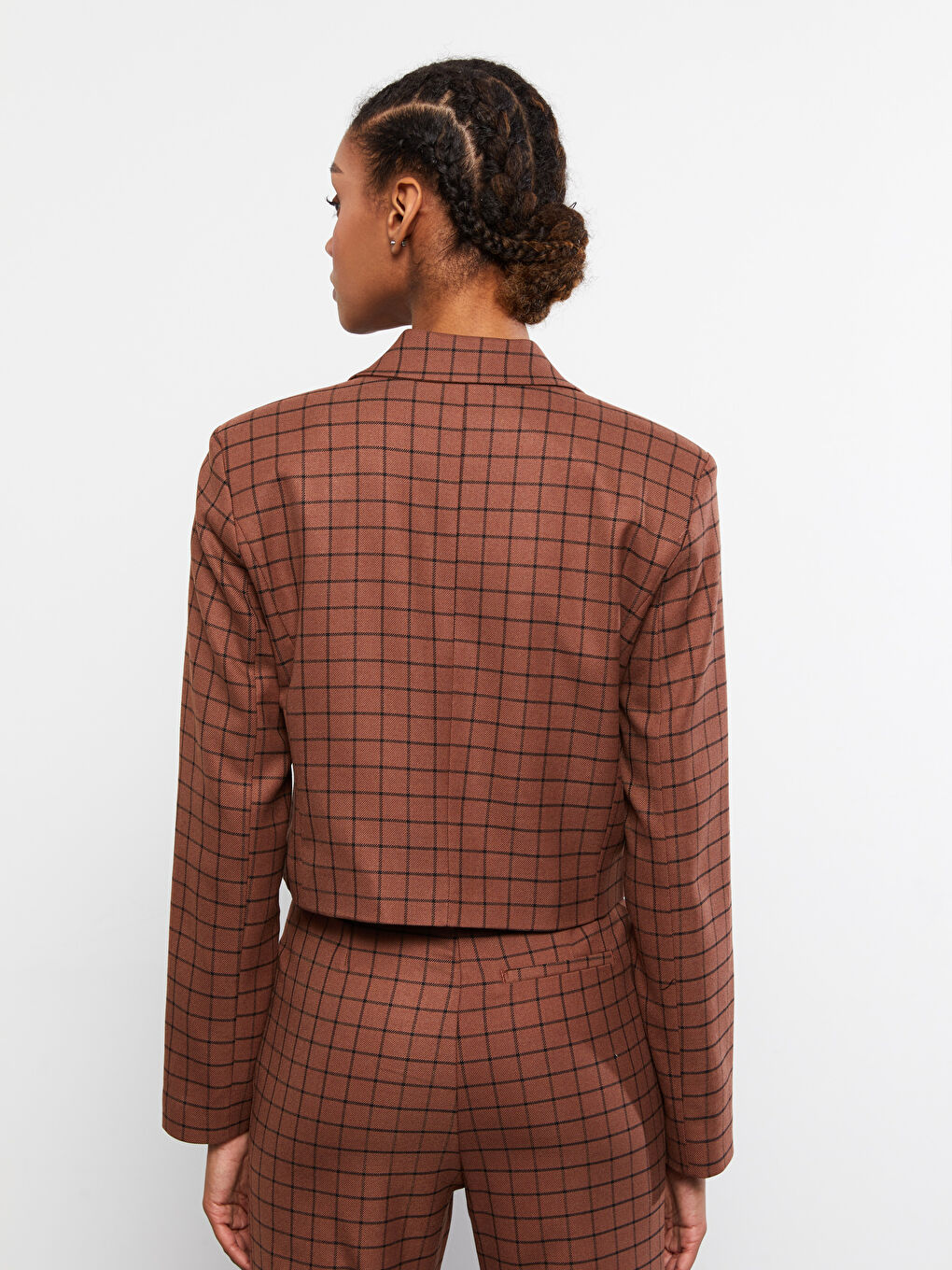 Front Button Closure Plaid Long Sleeve Gabardine Women's Jacket-4