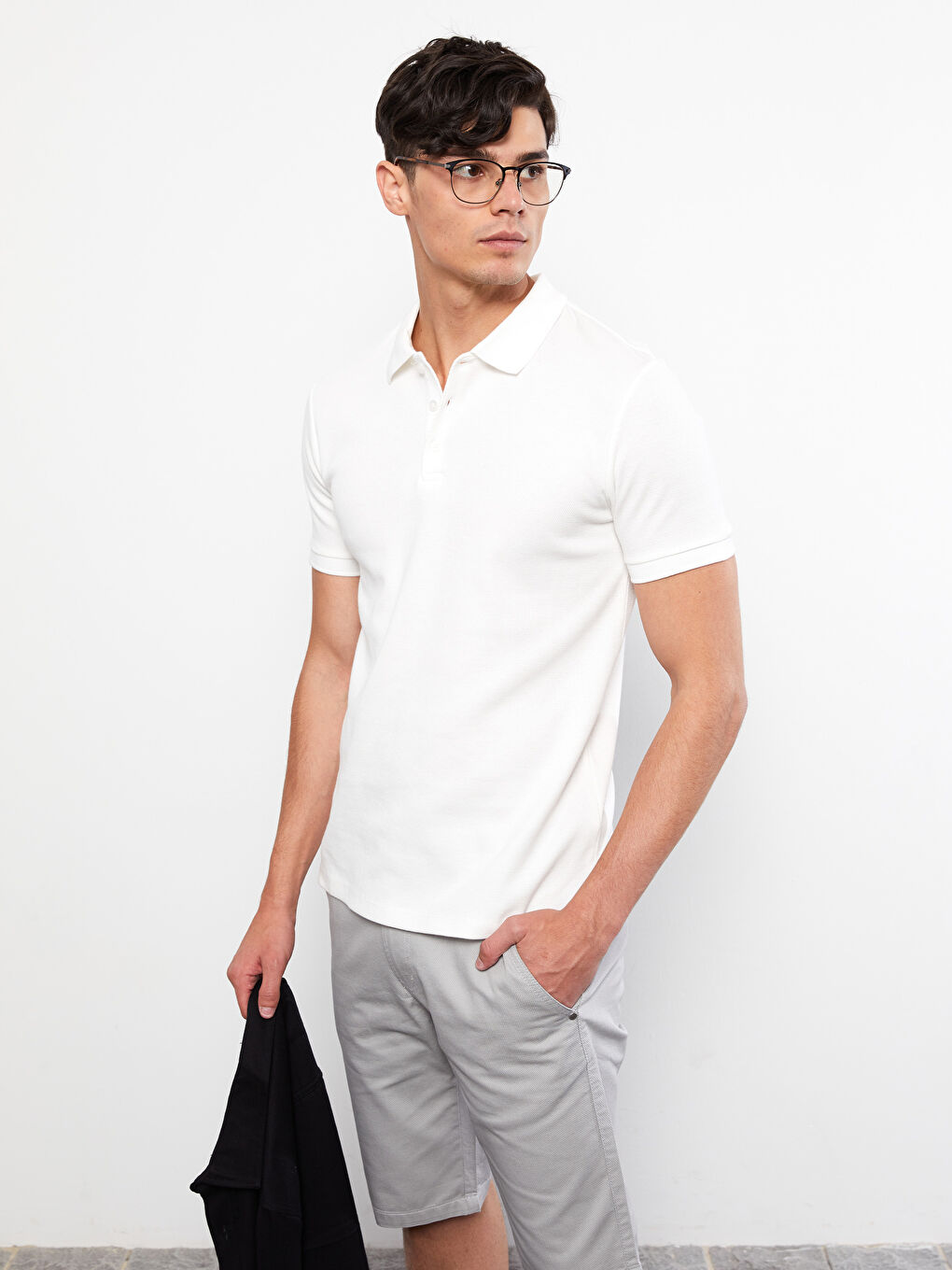 Beyaz Polo Yaka Kısa Kollu Erkek Tişört-2