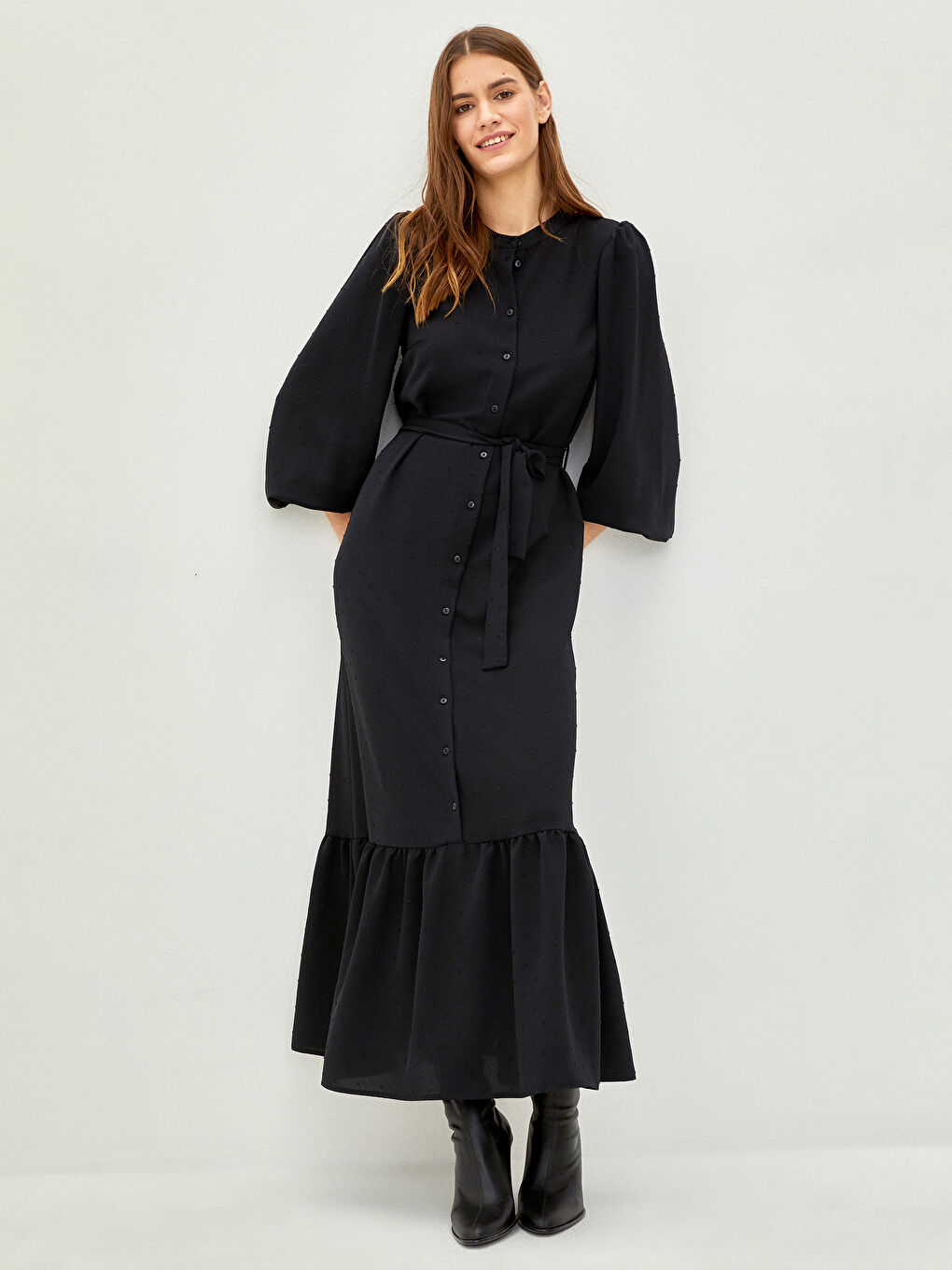 Robe à Col Mao à Motifs à Manches Longues pour Femmes