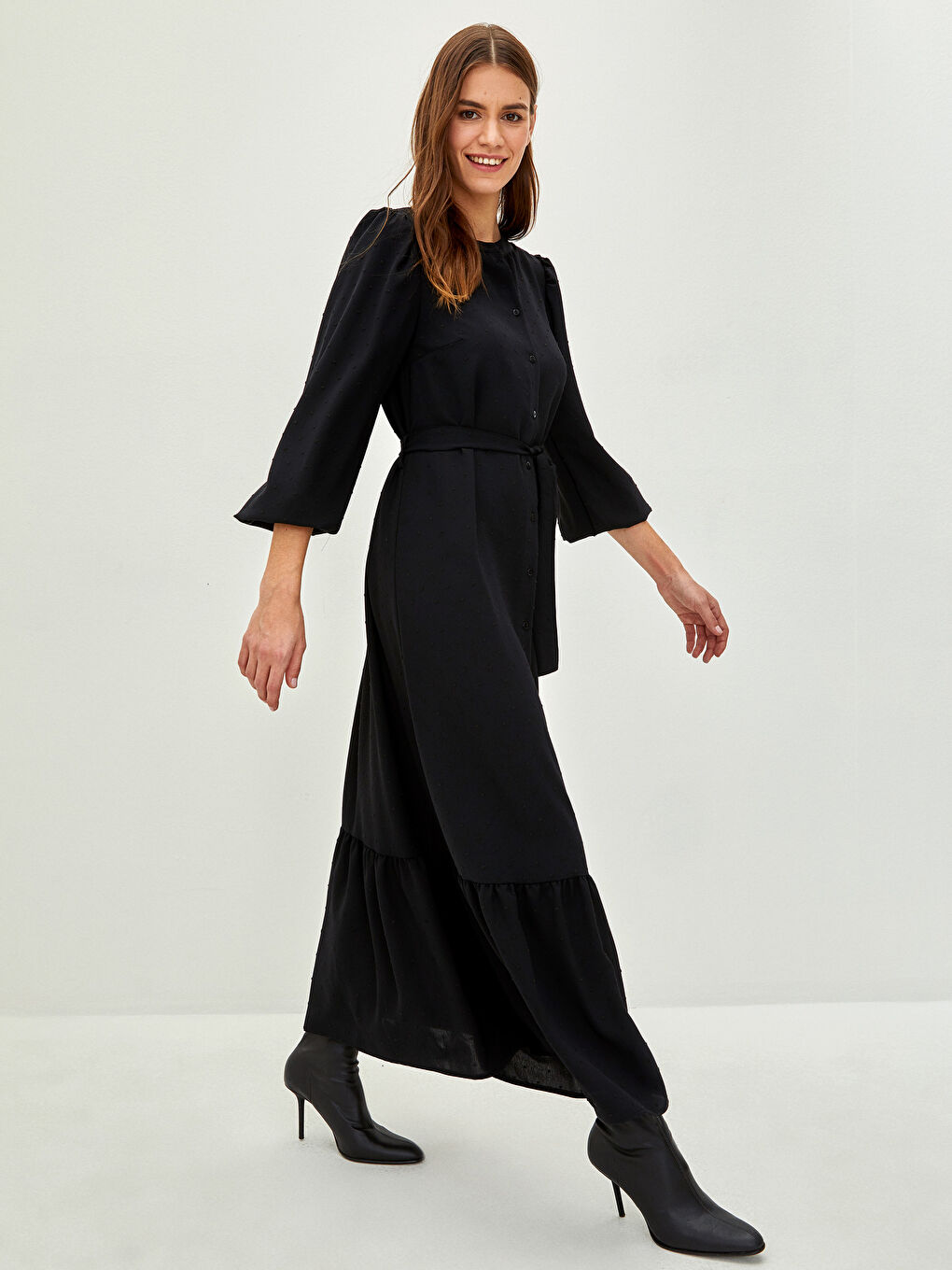 Robe à Col Mao à Motifs à Manches Longues pour Femmes-1