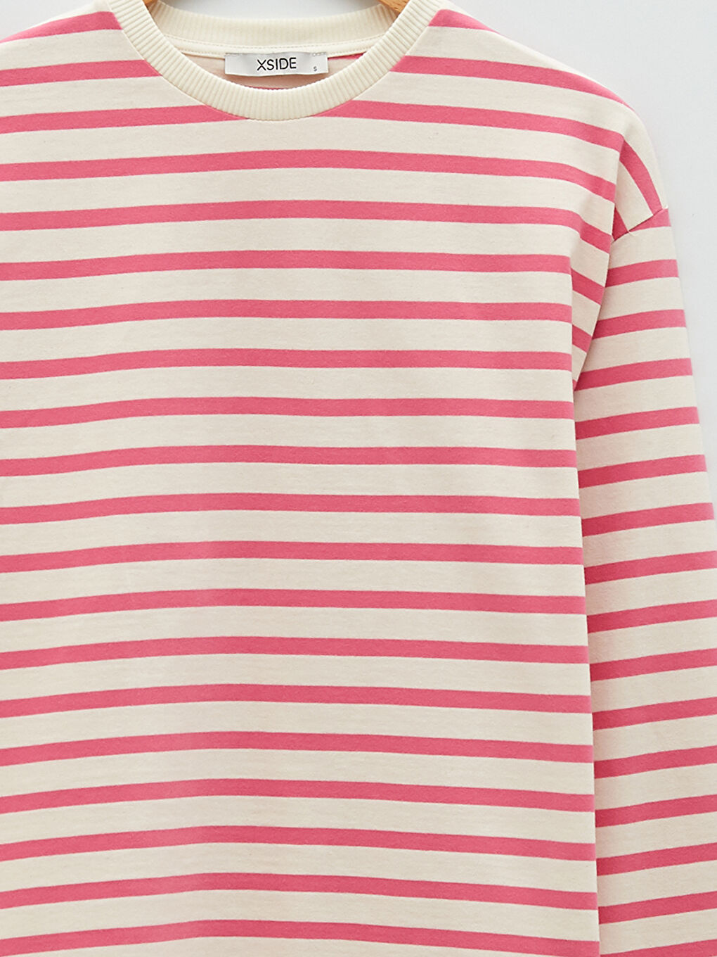 Pembe Bisiklet Yaka Çizgili Uzun Kollu Kadın Sweatshirt-8