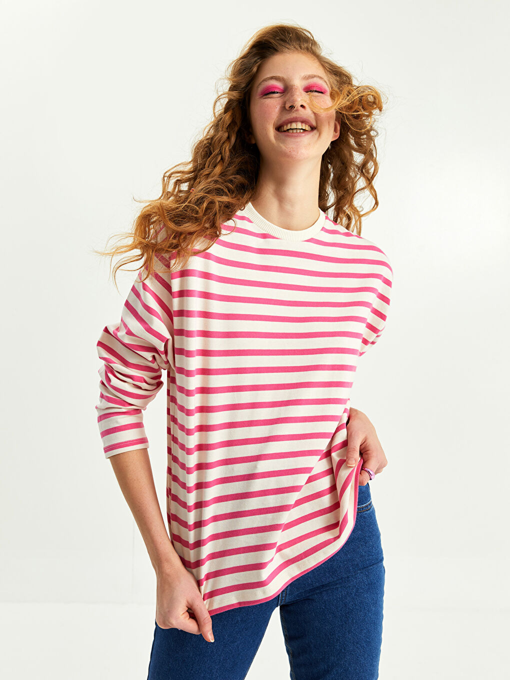 Pembe Bisiklet Yaka Çizgili Uzun Kollu Kadın Sweatshirt