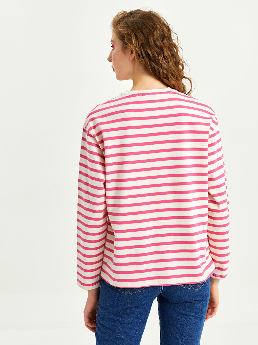 Pembe Bisiklet Yaka Çizgili Uzun Kollu Kadın Sweatshirt-5