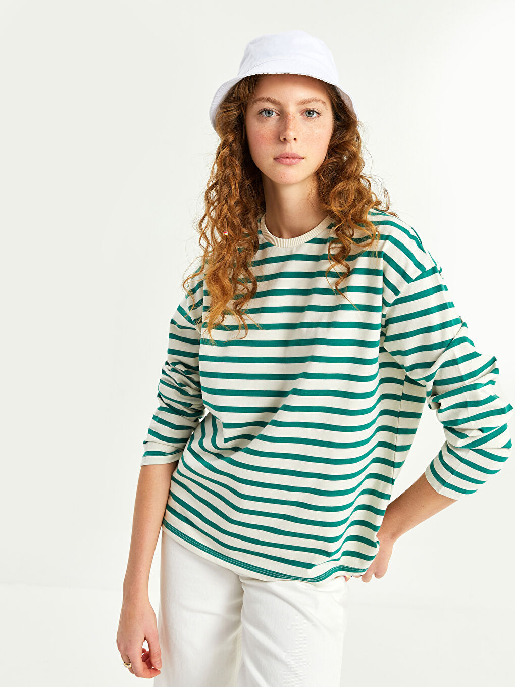 Yeşil Bisiklet Yaka Çizgili Uzun Kollu Kadın Sweatshirt-2