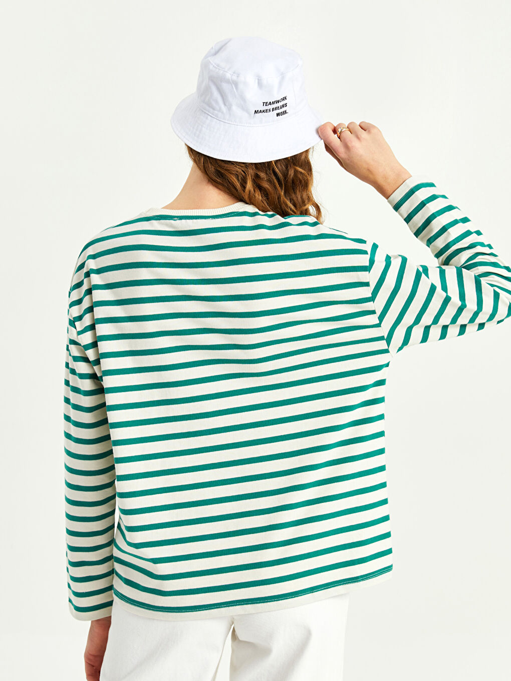 Yeşil Bisiklet Yaka Çizgili Uzun Kollu Kadın Sweatshirt-4