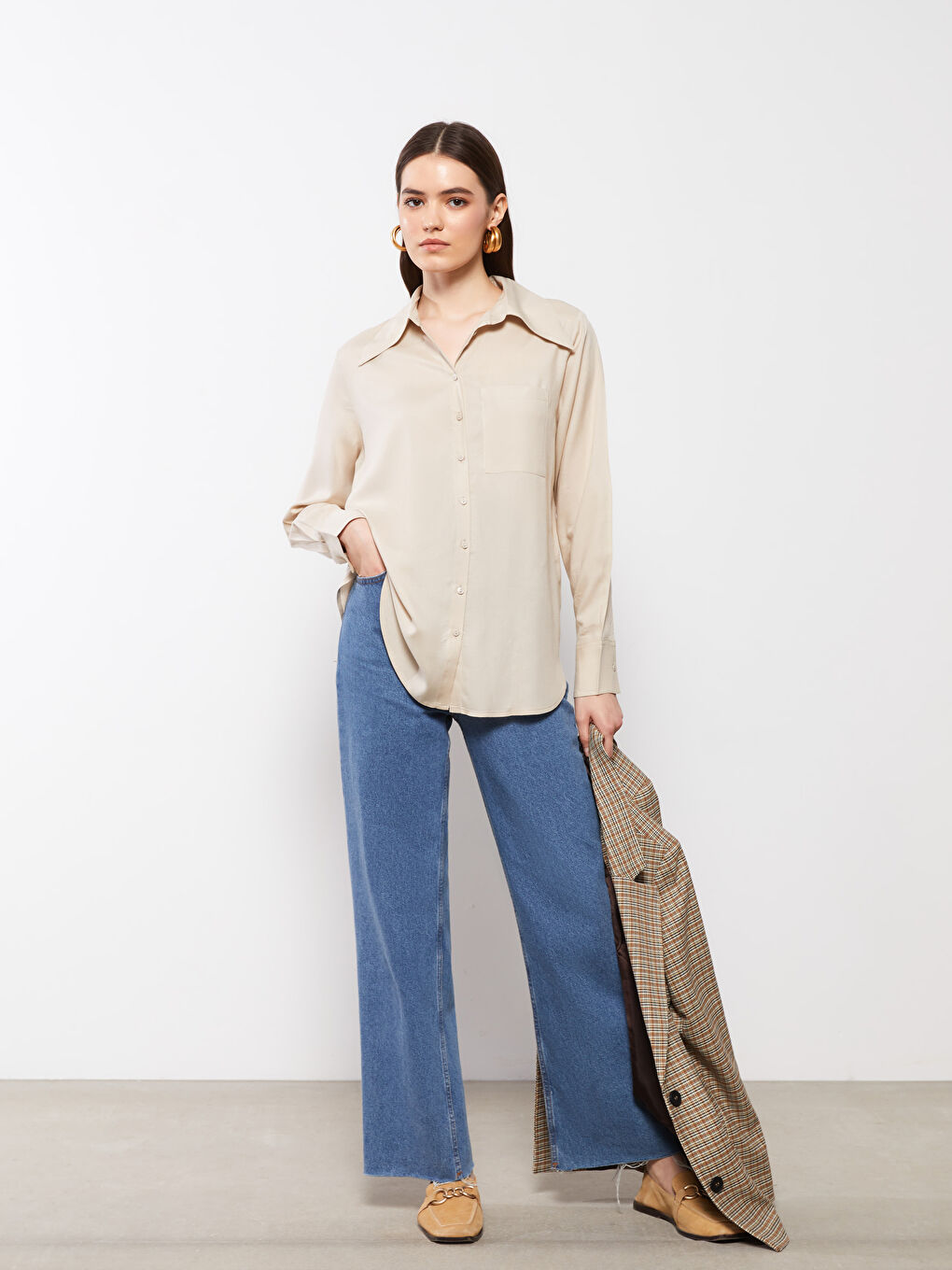 Front Button Closure Straight Long Sleeve Viscose Women's Shirt