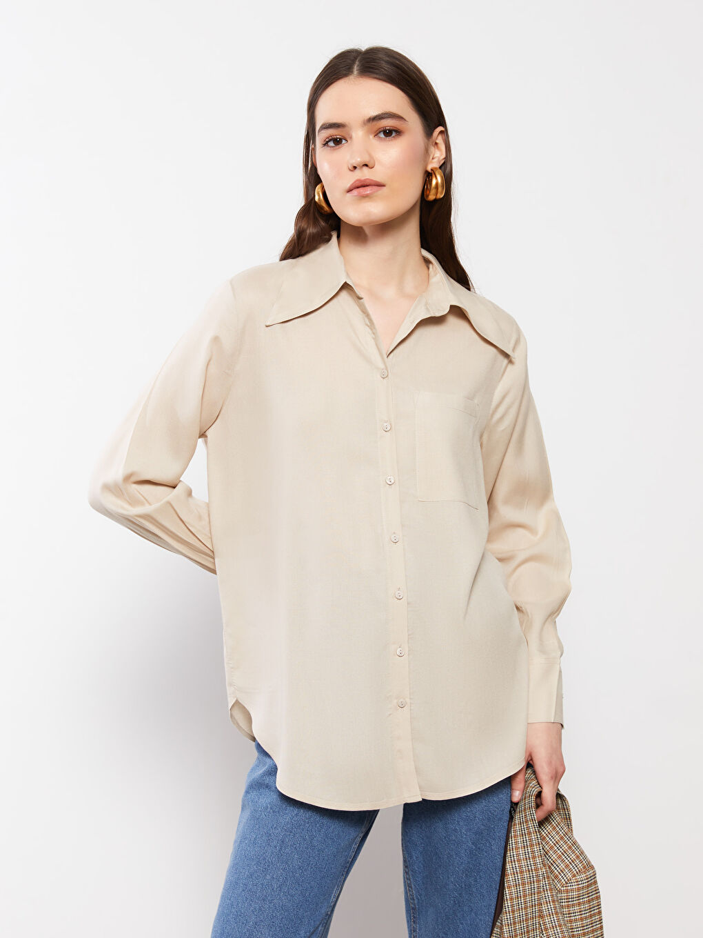 Front Button Closure Straight Long Sleeve Viscose Women's Shirt-1