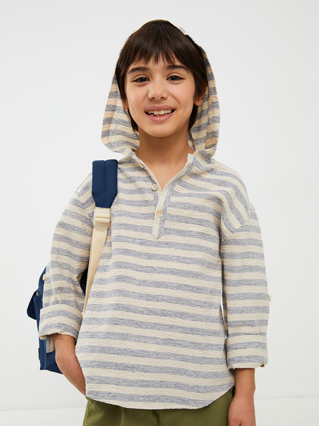 İndigo Kapüşonlu Çizgili Uzun Kollu Erkek Çocuk Gömlek