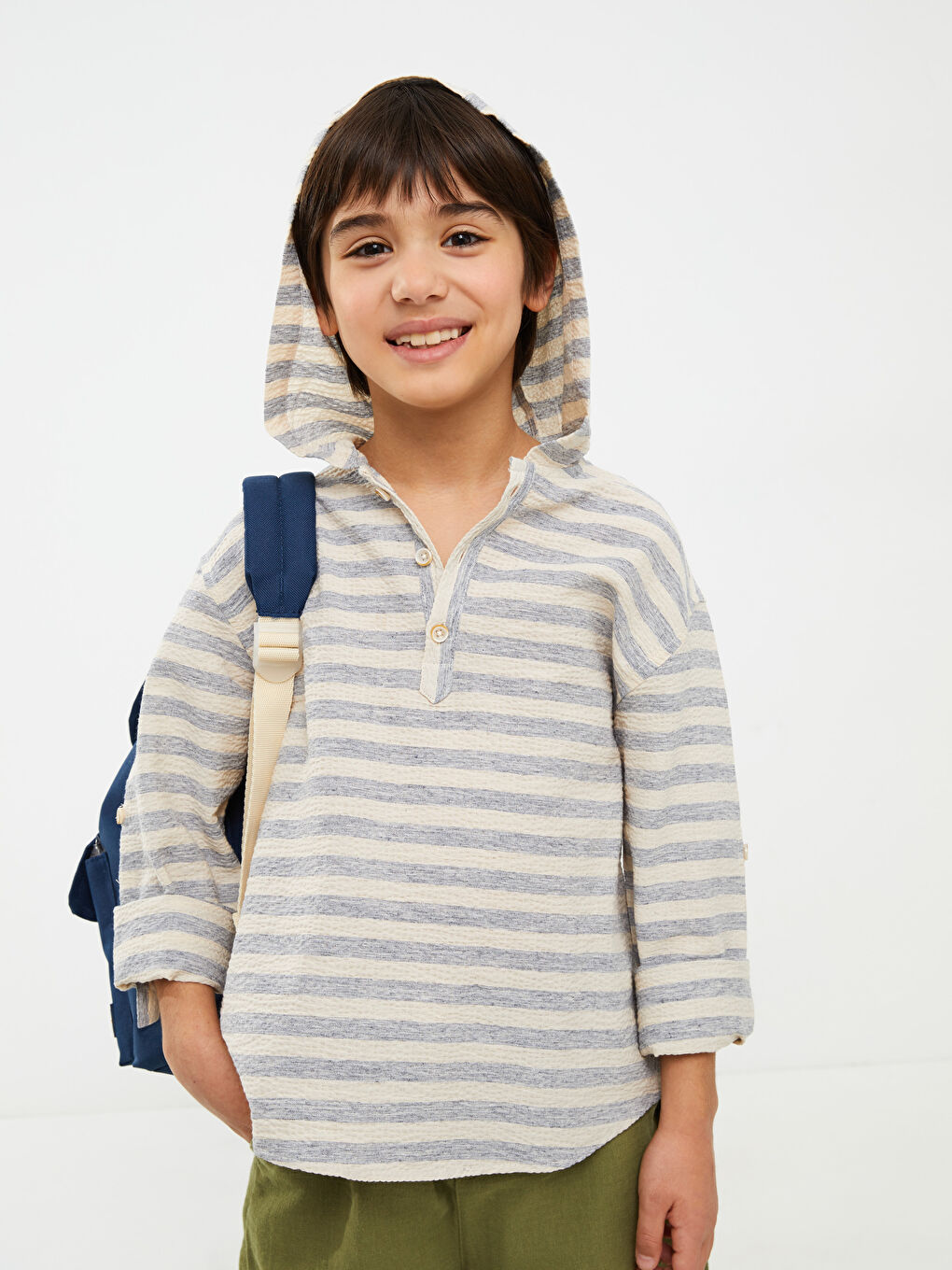 İndigo Kapüşonlu Çizgili Uzun Kollu Erkek Çocuk Gömlek-1