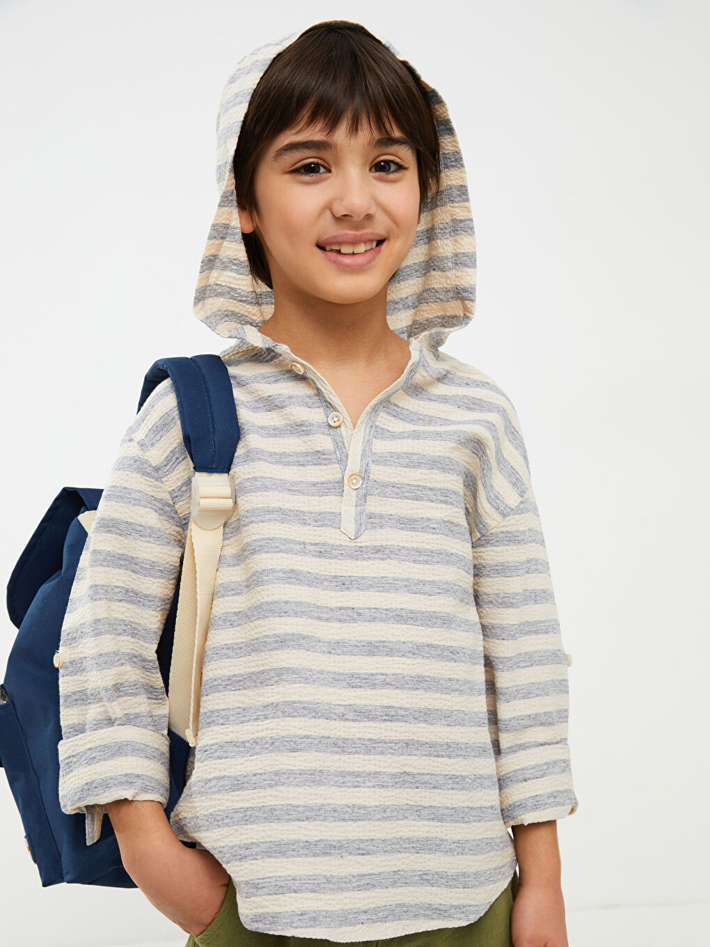 İndigo Kapüşonlu Çizgili Uzun Kollu Erkek Çocuk Gömlek-2