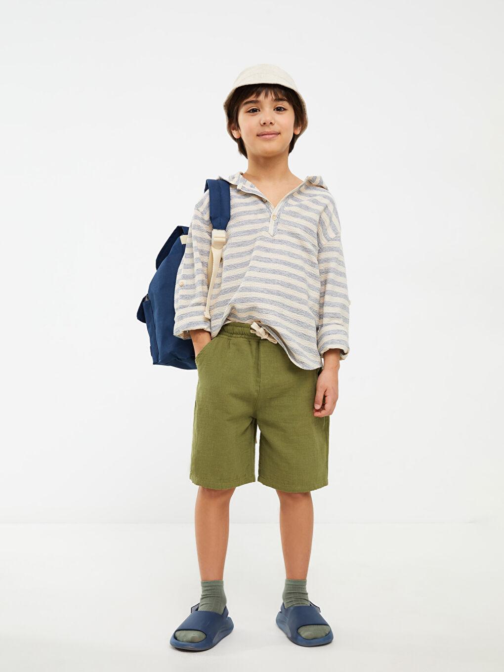 İndigo Kapüşonlu Çizgili Uzun Kollu Erkek Çocuk Gömlek-3