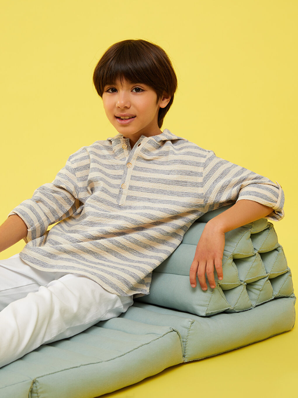 İndigo Kapüşonlu Çizgili Uzun Kollu Erkek Çocuk Gömlek-5