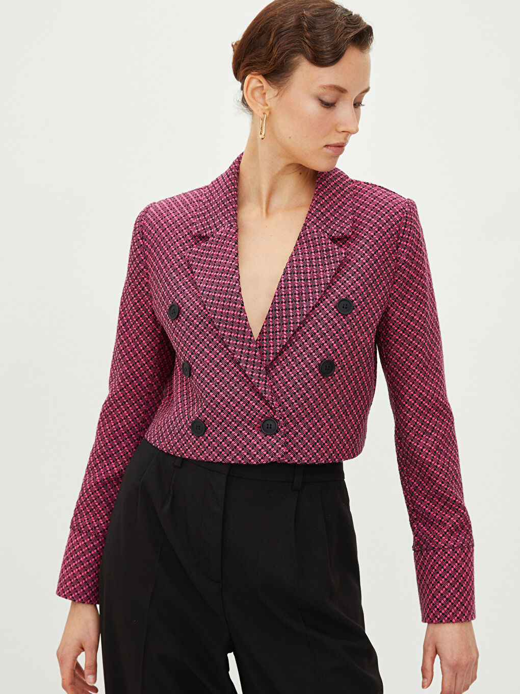 Pembe Önden Düğme Kapamalı Desenli Uzun Kollu Crop Kadın Tüvit Ceket-1