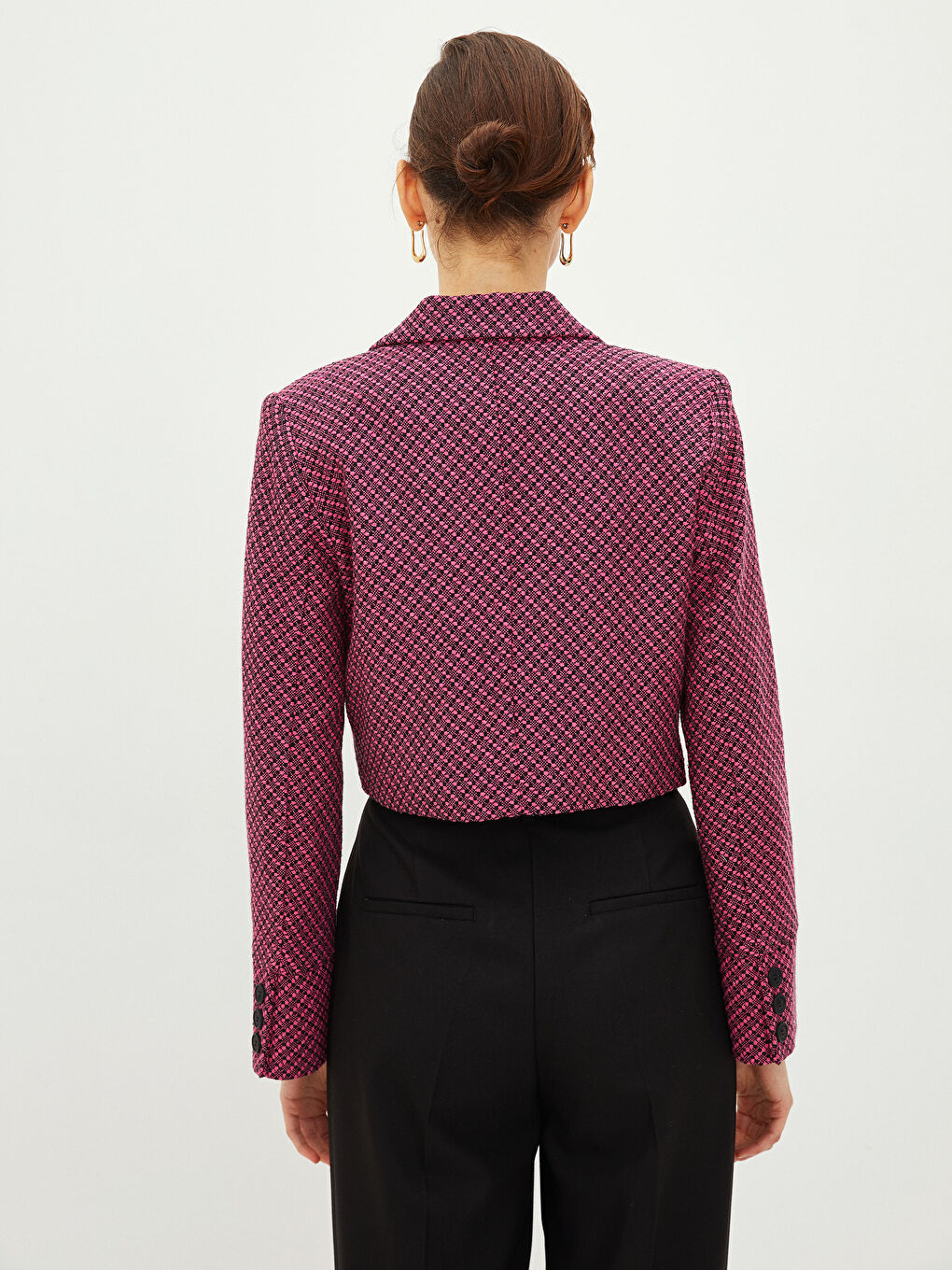 Pembe Önden Düğme Kapamalı Desenli Uzun Kollu Crop Kadın Tüvit Ceket-4