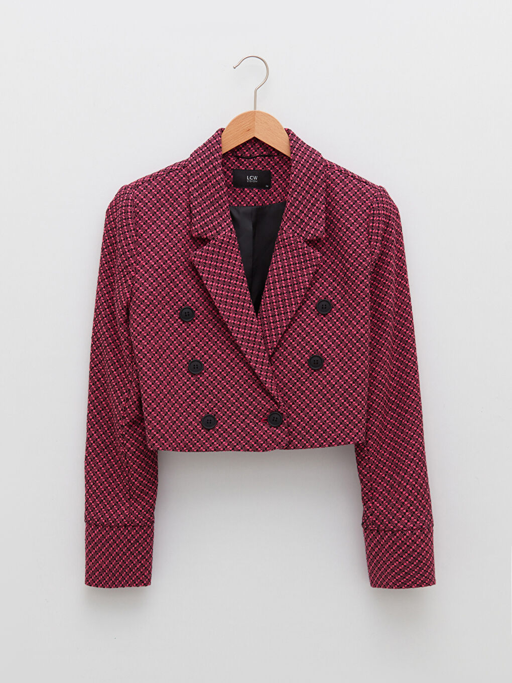 Pembe Önden Düğme Kapamalı Desenli Uzun Kollu Crop Kadın Tüvit Ceket-5