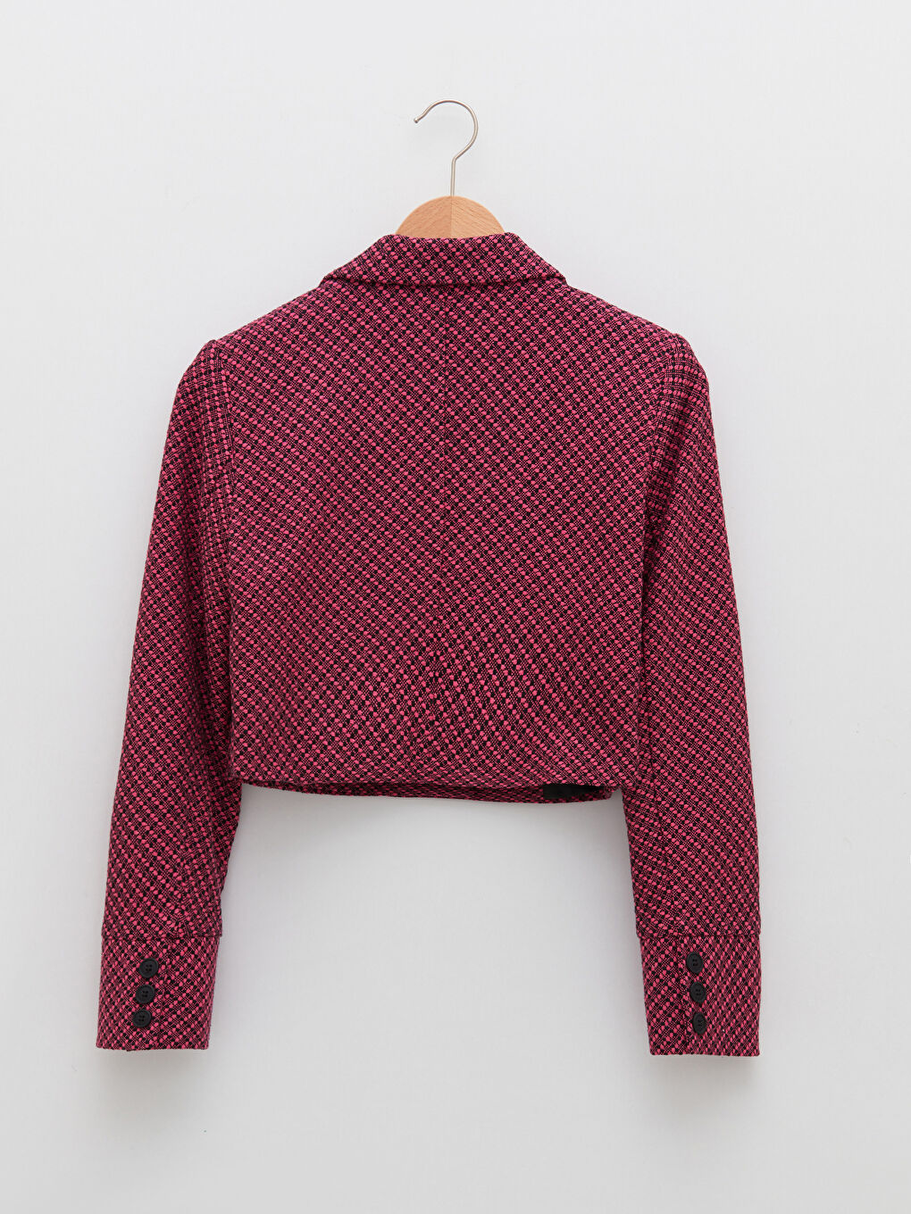 Pembe Önden Düğme Kapamalı Desenli Uzun Kollu Crop Kadın Tüvit Ceket-6